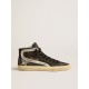 Slide in black suede with silver metallic leather star and flash