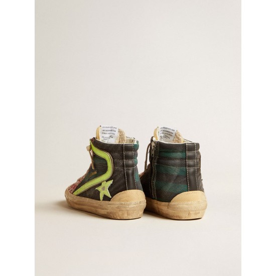 Men’s Slide LAB in camo canvas with yellow leather star and flash