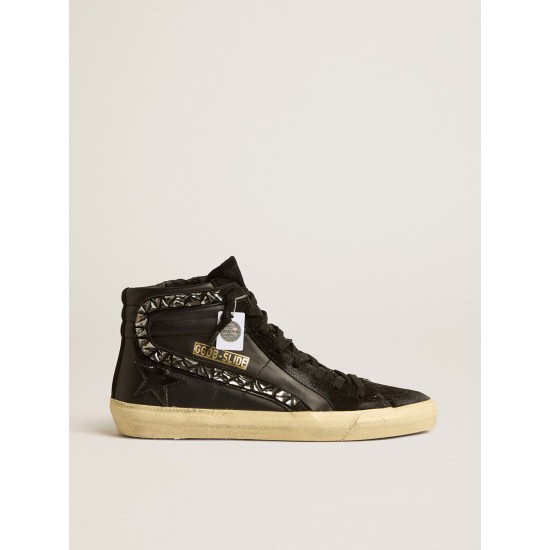 Slide in leather with black star and Swarovski crystal flash