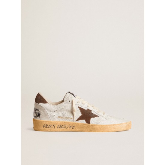Women's Ball Star in white nubuck leather with brown suede star and heel tab