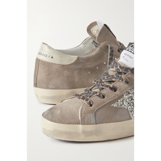 Super-Star leather-trimmed distressed glittered suede sneakers