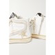 Slide distressed suede and metallic-trimmed leather high-top sneakers