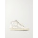 Slide distressed suede and metallic-trimmed leather high-top sneakers