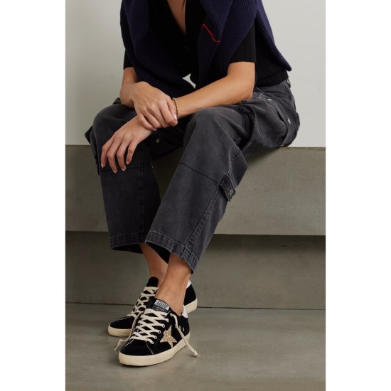 Super-Star eyelet-embellished distressed glittered leather and velvet sneakers
