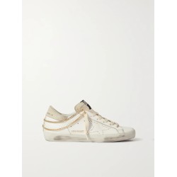 Superstar chain-embellished distressed leather and suede sneakers